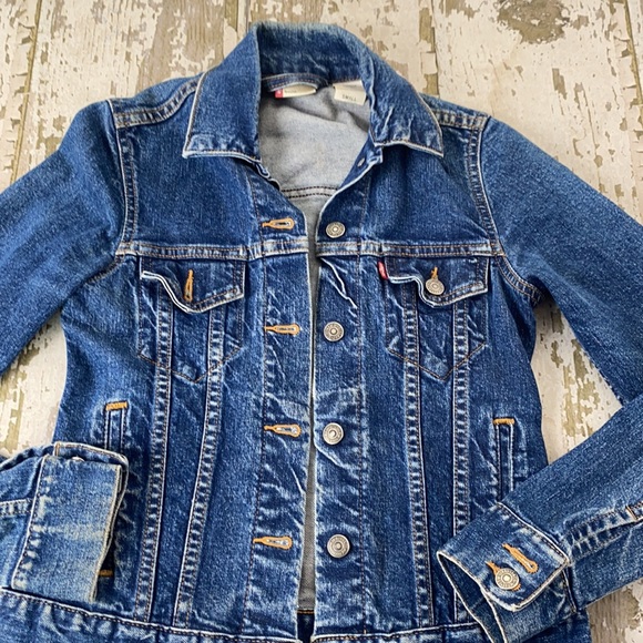 Retro Levi’s jean jacket red tan blue denim jacket women’s sz small - Picture 2 of 11